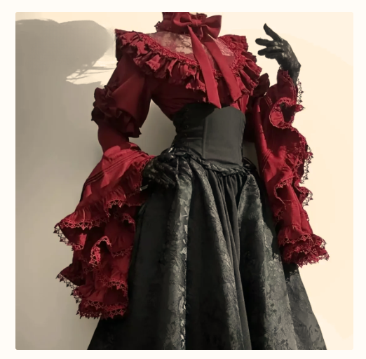 Gothic Ruffled Elegant Blouse and Black Floral Skirt