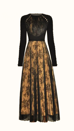 Floral Lace Pleated Vintage Dress