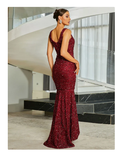 Burgundy Sequin Mermaid Evening  Dress