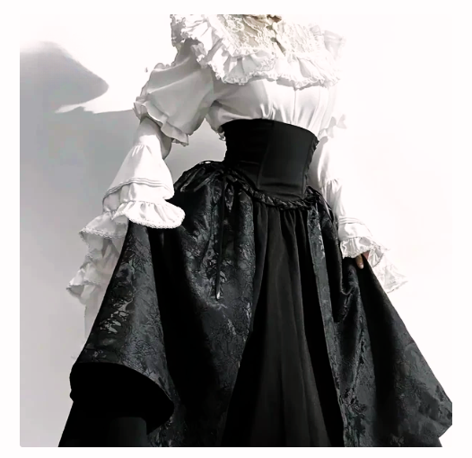 Gothic Ruffled Elegant Blouse and Black Floral Skirt