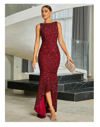 Burgundy Sequin Mermaid Evening  Dress