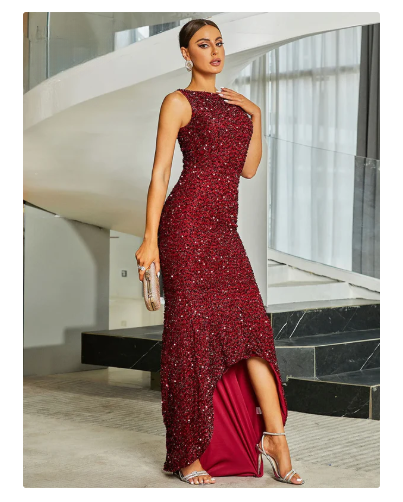 Burgundy Sequin Mermaid Evening  Dress