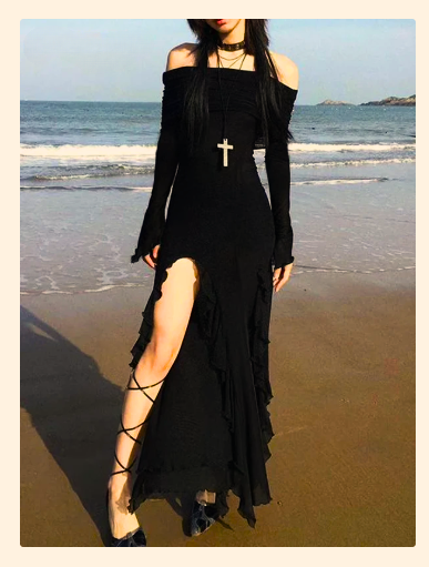 Dark Ruffled Split Long Dress