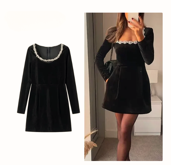 Rhinestone Black Velvet Mini Dress