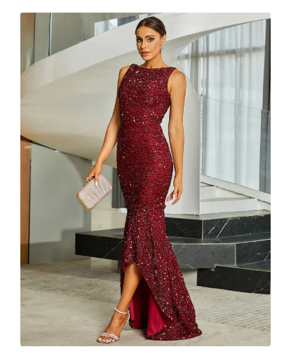 Burgundy Sequin Mermaid Evening  Dress